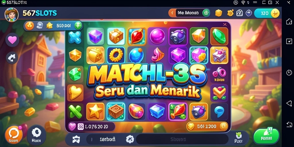Screenshot utama 567SLOTS menunjukkan gameplay Match-3 yang menarik dan penuh warna.