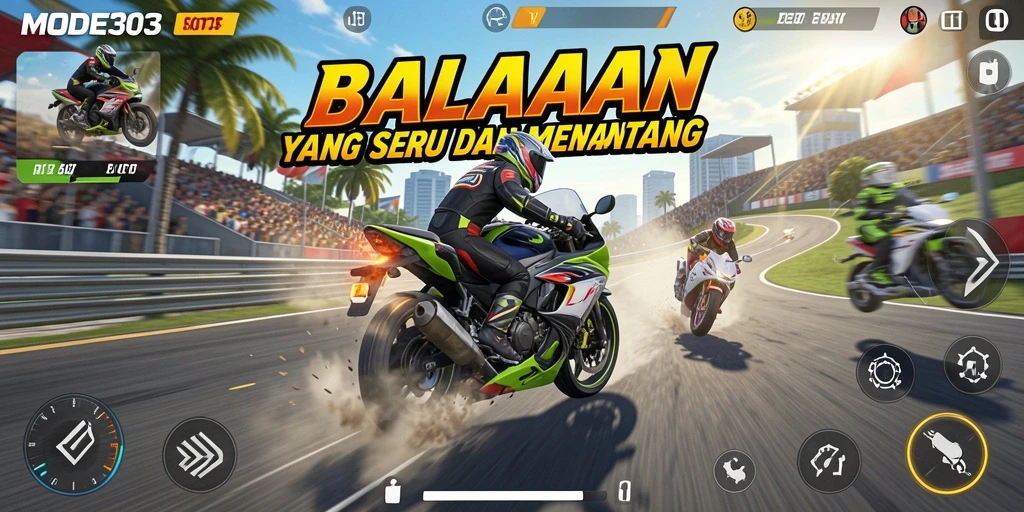 Screenshot menunjukkan gameplay balapan motor yang cepat dan mendebarkan.
