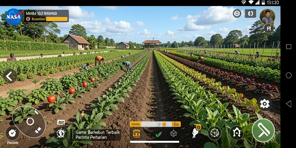 Screenshot gameplay NASA4D menampilkan lahan pertanian yang subur dan berwarna-warni.
